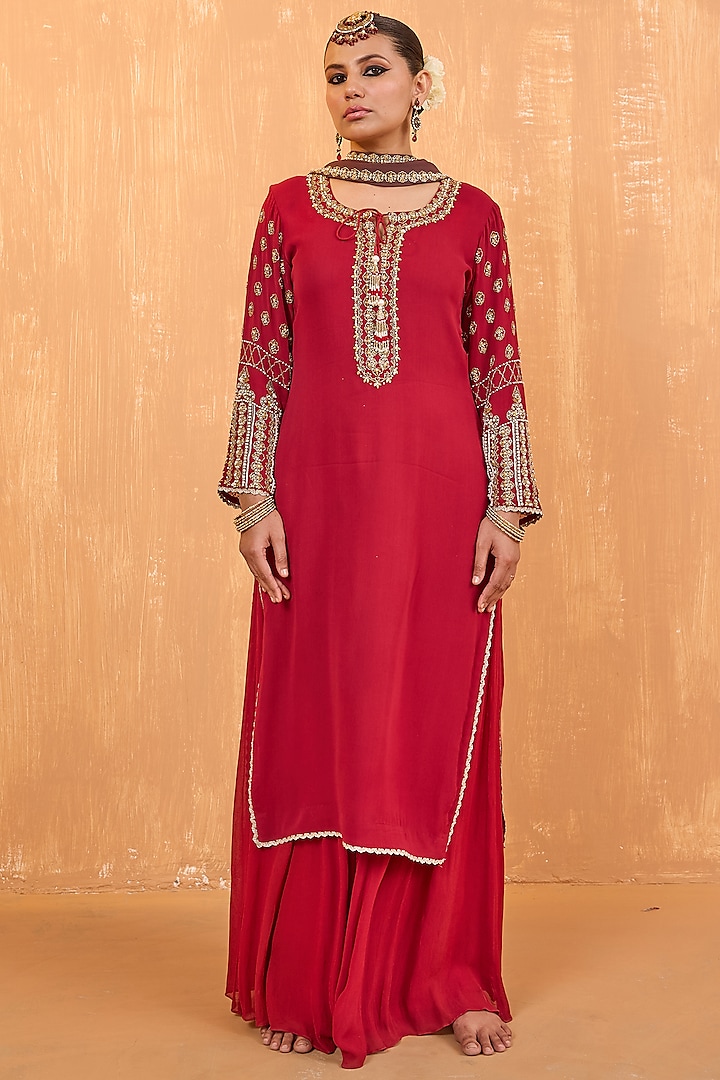 Ruby Red Georgette Pearl Handwork Kurta Set by Radha Sharma at Pernia's Pop Up Shop