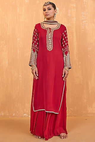 Ruby Red Georgette Pearl Handwork Kurta Set by Radha Sharma