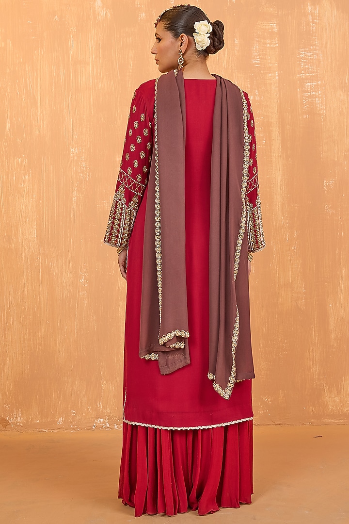 Ruby Red Georgette Pearl Handwork Kurta Set by Radha Sharma at Pernia's Pop Up Shop