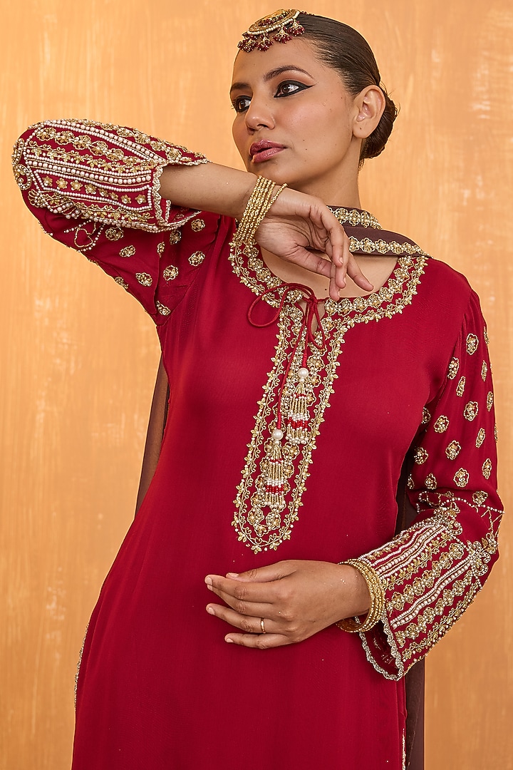 Ruby Red Georgette Pearl Handwork Kurta Set by Radha Sharma at Pernia's Pop Up Shop