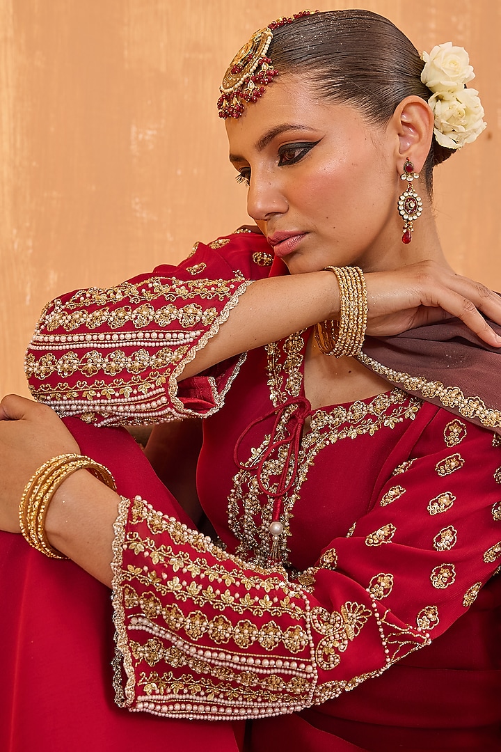 Ruby Red Georgette Pearl Handwork Kurta Set by Radha Sharma at Pernia's Pop Up Shop