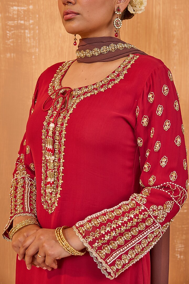 Ruby Red Georgette Pearl Handwork Kurta Set by Radha Sharma at Pernia's Pop Up Shop