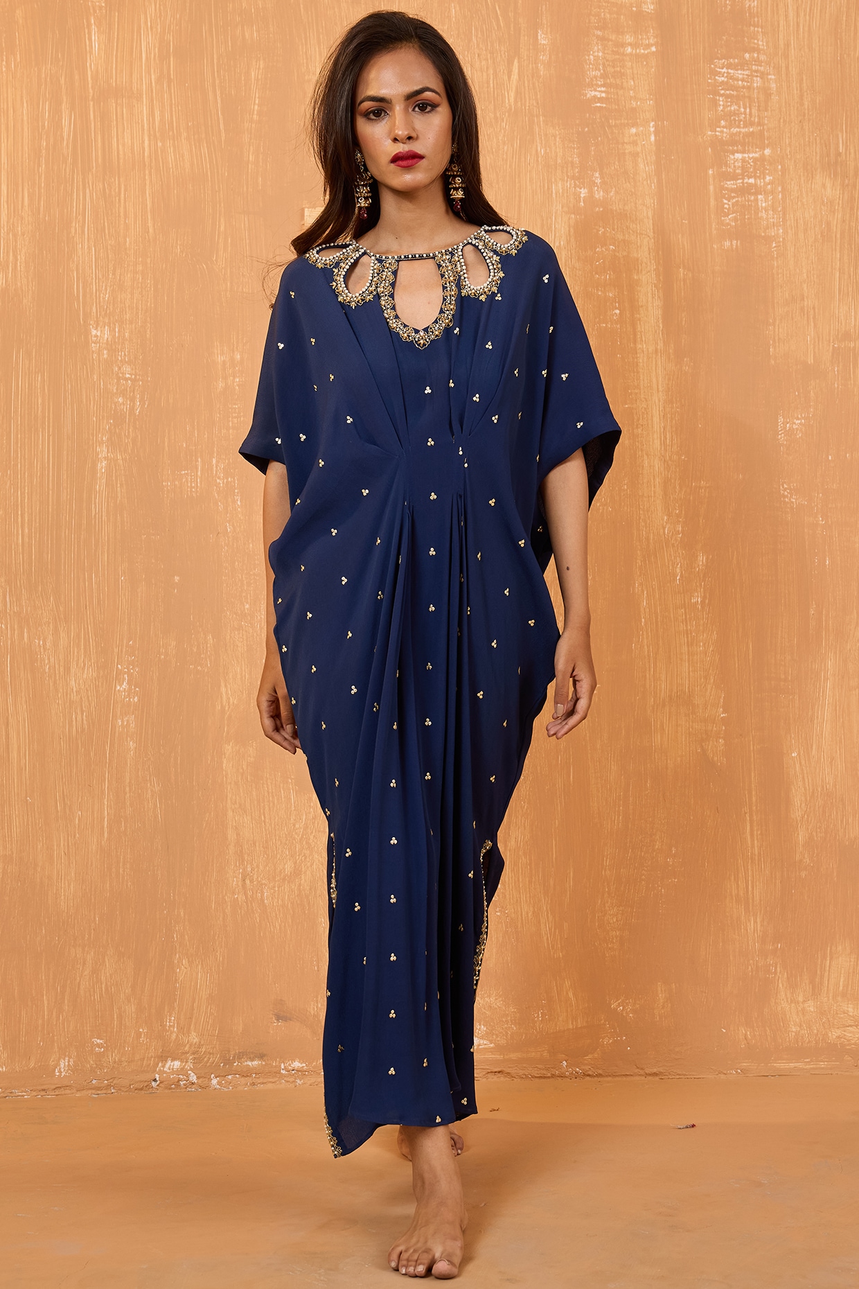 Navy Blue Moss Crepe Pearl Hand Embroidered Kaftan Design by Radha Sharma  at Pernia's Pop Up Shop 2024