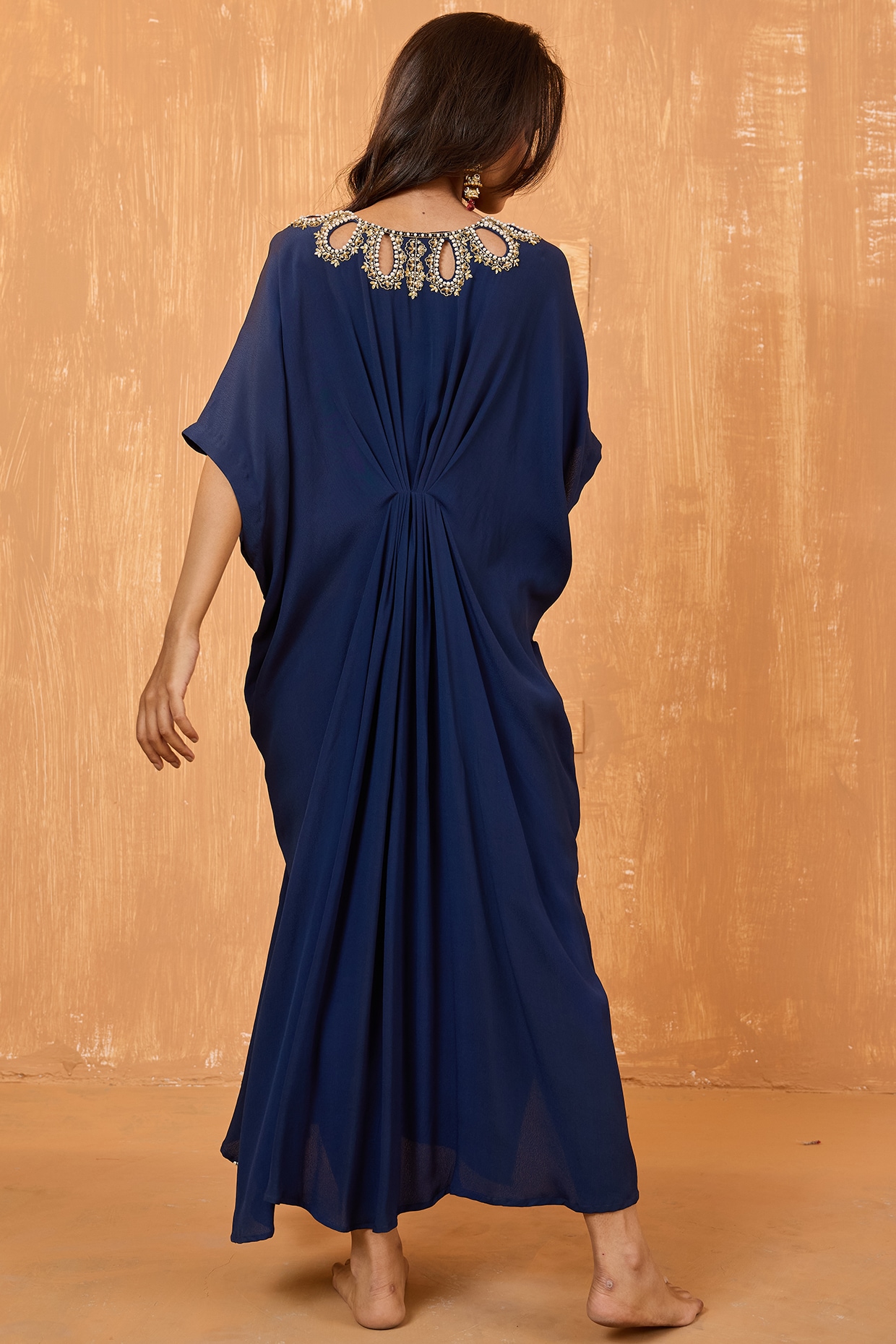 Navy Blue Moss Crepe Pearl Hand Embroidered Kaftan Design by Radha Sharma  at Pernia's Pop Up Shop 2024