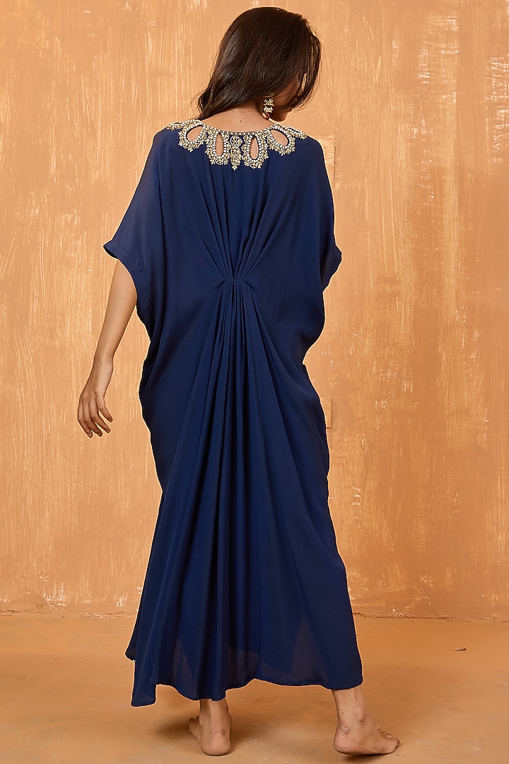Navy Blue Moss Crepe Pearl Hand Embroidered Kaftan by Radha Sharma at Pernia's Pop Up Shop