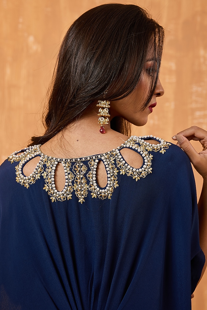 Navy Blue Moss Crepe Pearl Hand Embroidered Kaftan by Radha Sharma at Pernia's Pop Up Shop