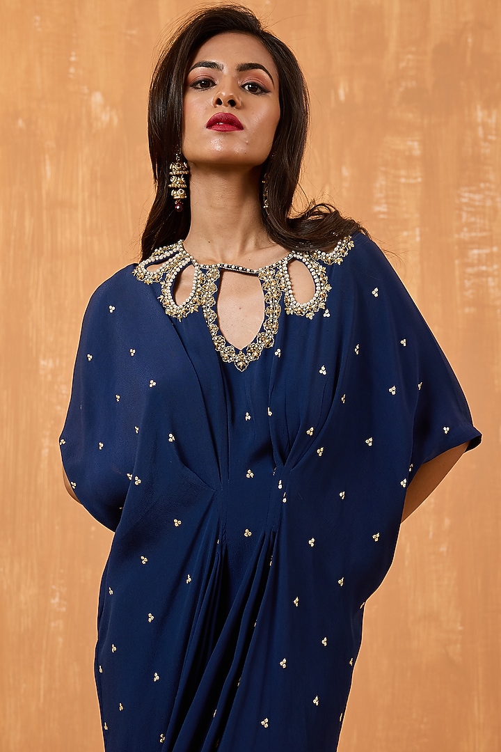 Navy Blue Moss Crepe Pearl Hand Embroidered Kaftan by Radha Sharma at Pernia's Pop Up Shop