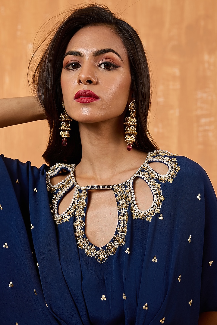 Navy Blue Moss Crepe Pearl Hand Embroidered Kaftan by Radha Sharma at Pernia's Pop Up Shop