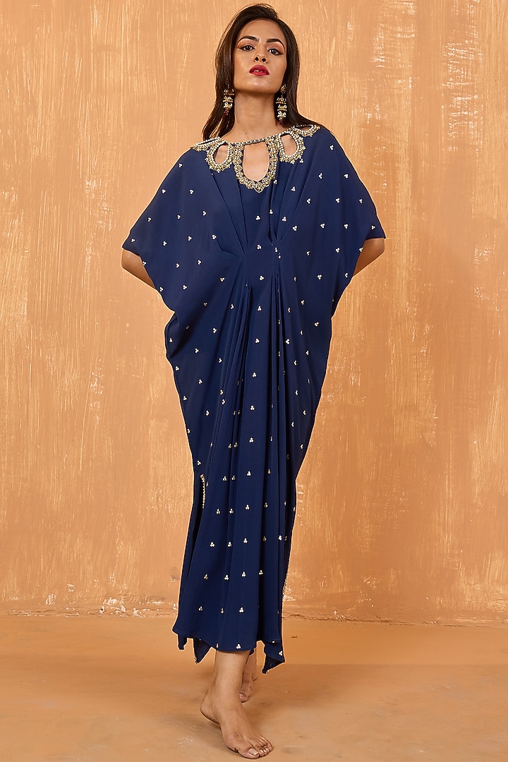 Navy Blue Moss Crepe Pearl Hand Embroidered Kaftan by Radha Sharma at Pernia's Pop Up Shop
