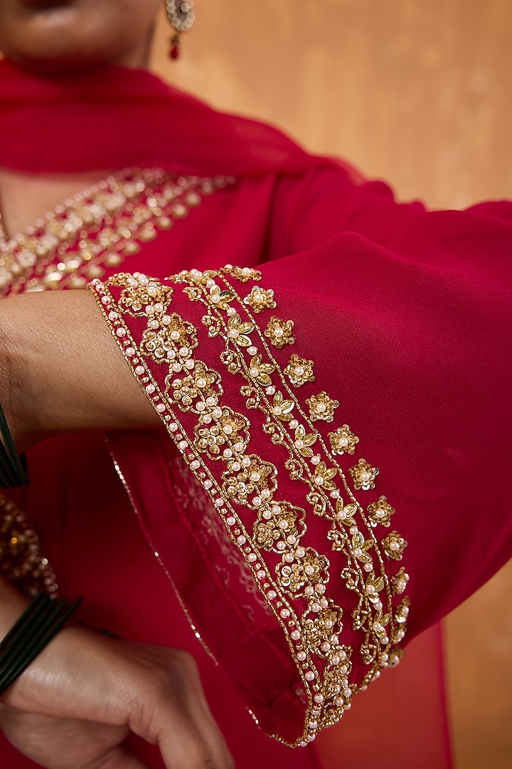 Fuchsia Pink Georgette Pearl Handwork Kurta Set by Radha Sharma at Pernia's Pop Up Shop