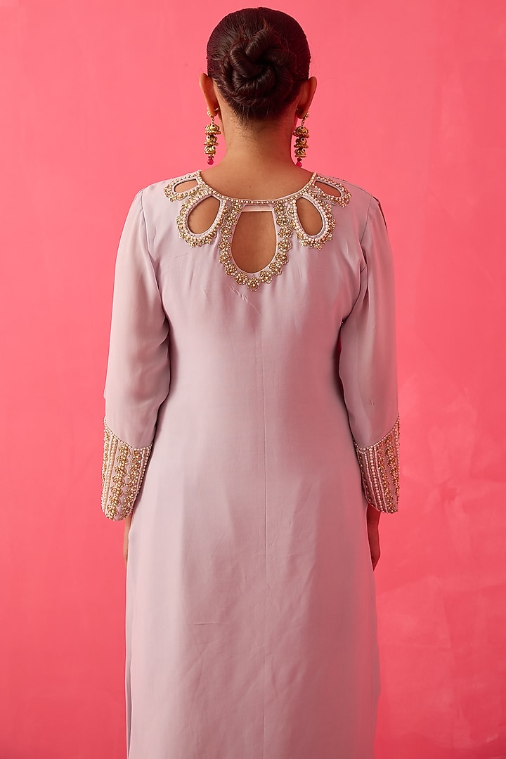 Steel Grey Georgette Pearl Handwork Kurta Set by Radha Sharma at Pernia's Pop Up Shop