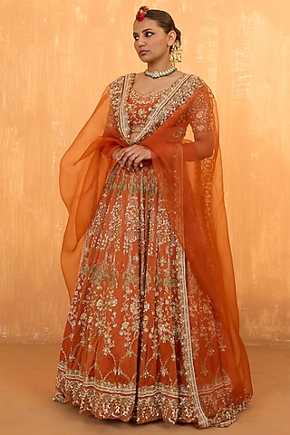 Orange Rust Silk Chanderi Pearl Hand Embroidered Lehenga Set by Radha Sharma