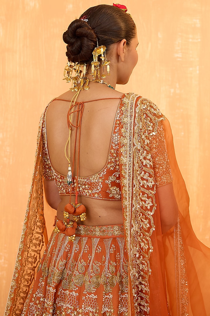 Orange Rust Silk Chanderi Pearl Hand Embroidered Bridal Lehenga Set by Radha Sharma at Pernia's Pop Up Shop