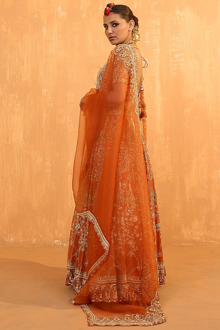 Orange Rust Silk Chanderi Pearl Hand Embroidered Bridal Lehenga Set by Radha Sharma at Pernia's Pop Up Shop