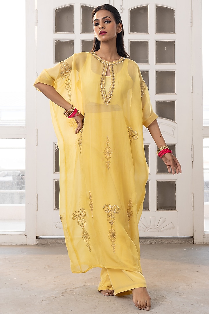 Yellow Organza Pearl Hand Embroidered Kaftan Set by Radha Sharma at Pernia's Pop Up Shop