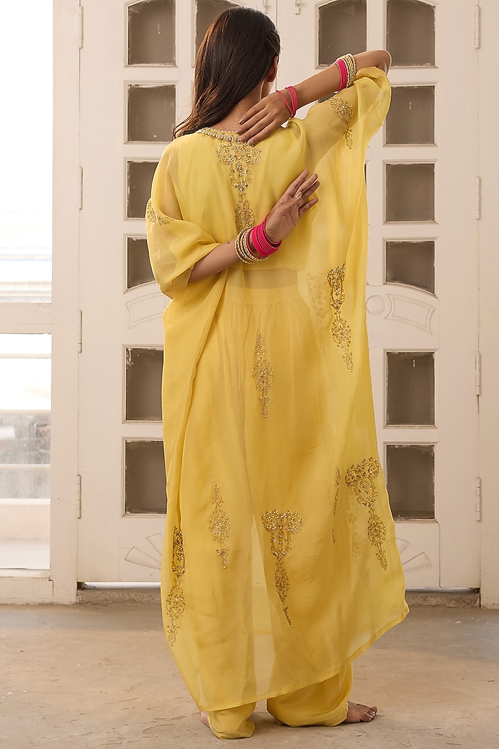 Yellow Organza Pearl Hand Embroidered Kaftan Set by Radha Sharma at Pernia's Pop Up Shop