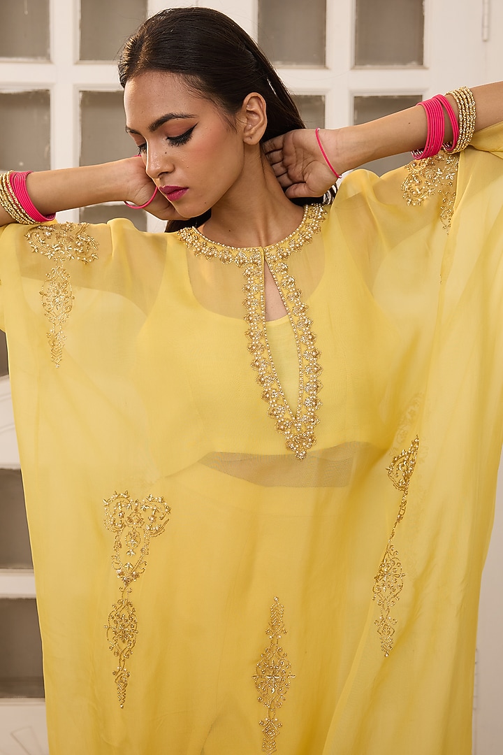Yellow Organza Pearl Hand Embroidered Kaftan Set by Radha Sharma at Pernia's Pop Up Shop