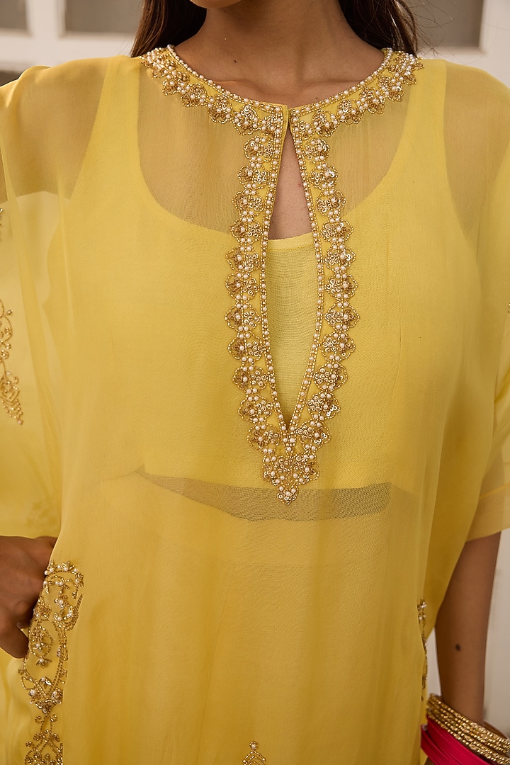 Yellow Organza Pearl Hand Embroidered Kaftan Set by Radha Sharma at Pernia's Pop Up Shop