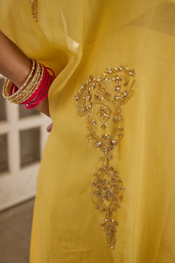 Yellow Organza Pearl Hand Embroidered Kaftan Set by Radha Sharma at Pernia's Pop Up Shop