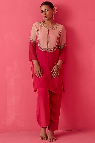 Fuchsia & Pastel Pink Georgette Pearl Handwork Co-Ord Set by Radha Sharma