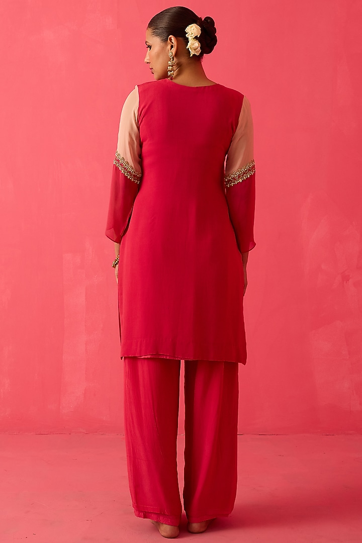 Fuchsia & Pastel Pink Georgette Pearl Handwork Co-Ord Set by Radha Sharma at Pernia's Pop Up Shop