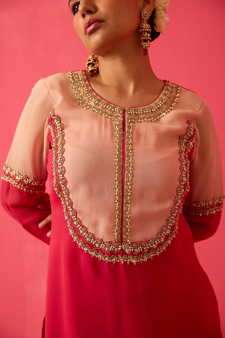 Fuchsia & Pastel Pink Georgette Pearl Handwork Co-Ord Set by Radha Sharma at Pernia's Pop Up Shop