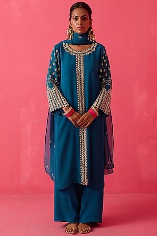 Persian Teal Green Georgette Pearl Handwork Kurta Set by Radha Sharma