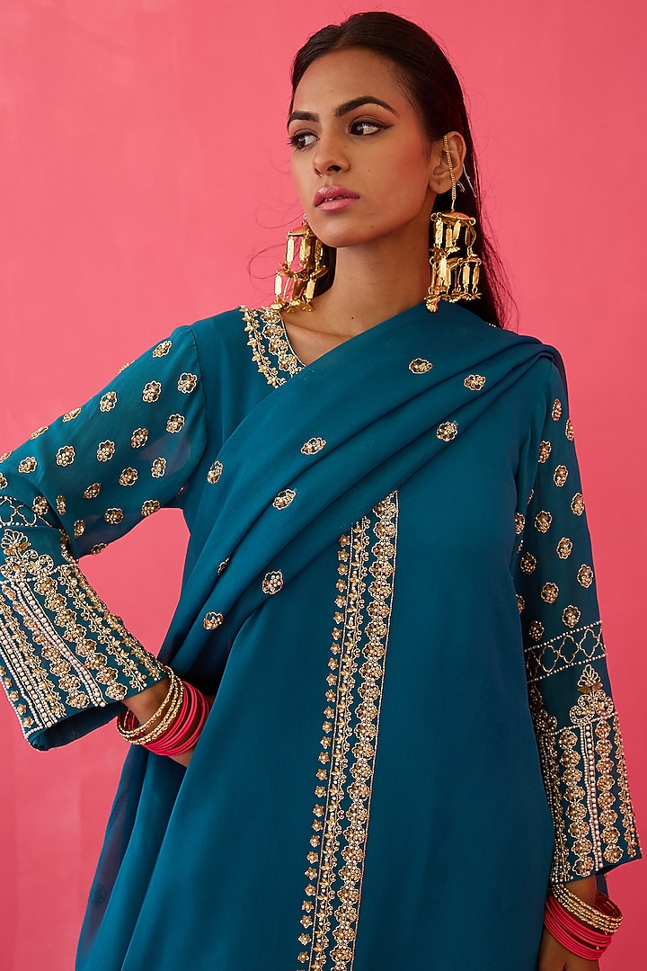 Persian Teal Green Georgette Pearl Handwork Kurta Set by Radha Sharma at Pernia's Pop Up Shop