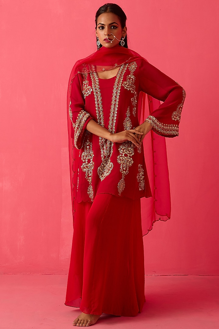 Crimson Red Georgette Pearl Handwork Sharara Set by Radha Sharma at Pernia's Pop Up Shop