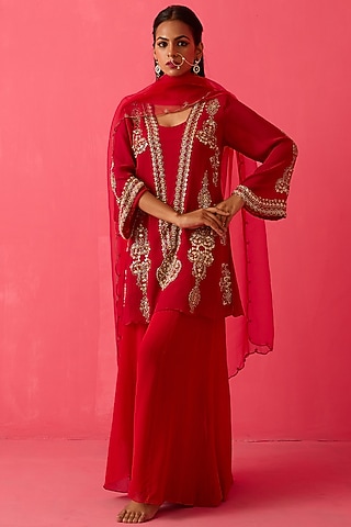 Crimson Red Georgette Pearl Handwork Sharara Set by Radha Sharma