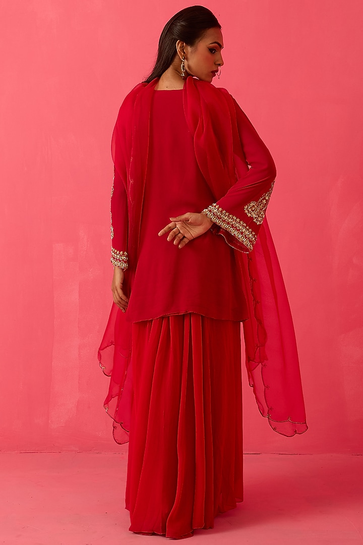 Crimson Red Georgette Pearl Handwork Party Wear Sharara Set by Radha Sharma at Pernia's Pop Up Shop
