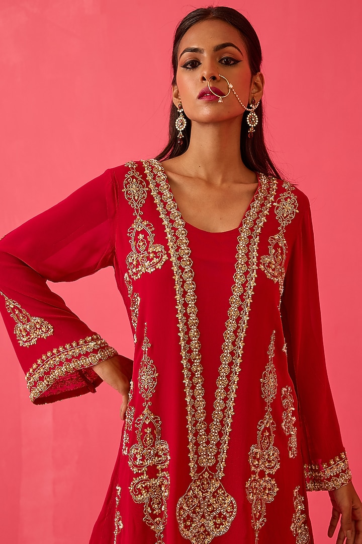 Crimson Red Georgette Pearl Handwork Party Wear Sharara Set by Radha Sharma at Pernia's Pop Up Shop