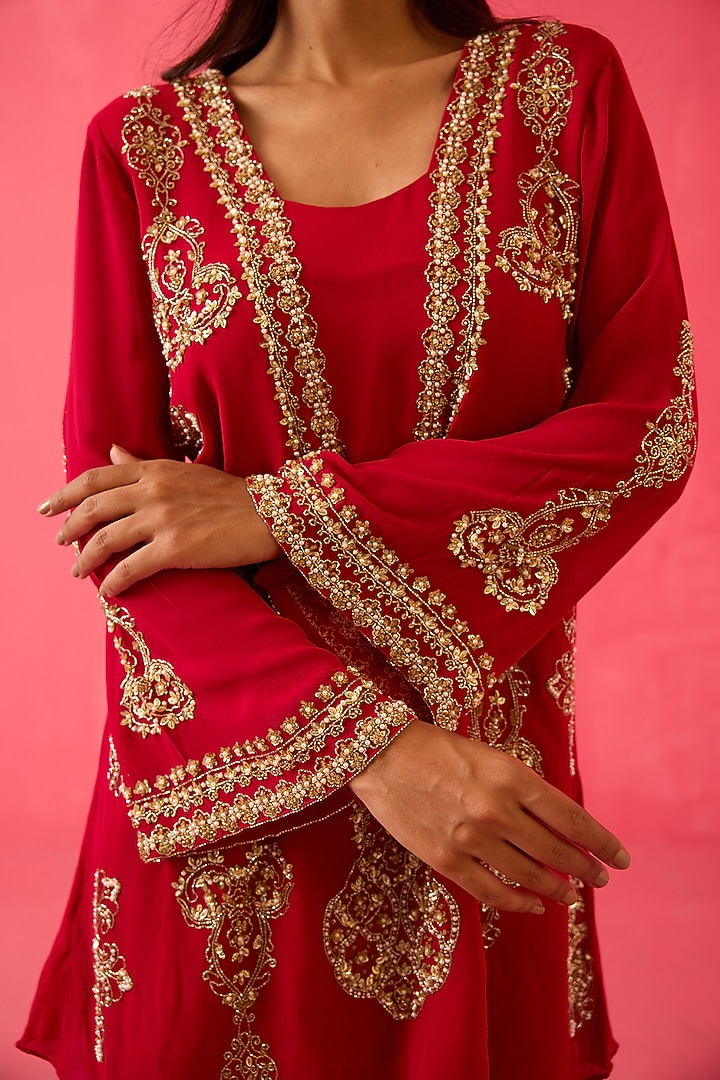 Crimson Red Georgette Pearl Handwork Party Wear Sharara Set by Radha Sharma at Pernia's Pop Up Shop