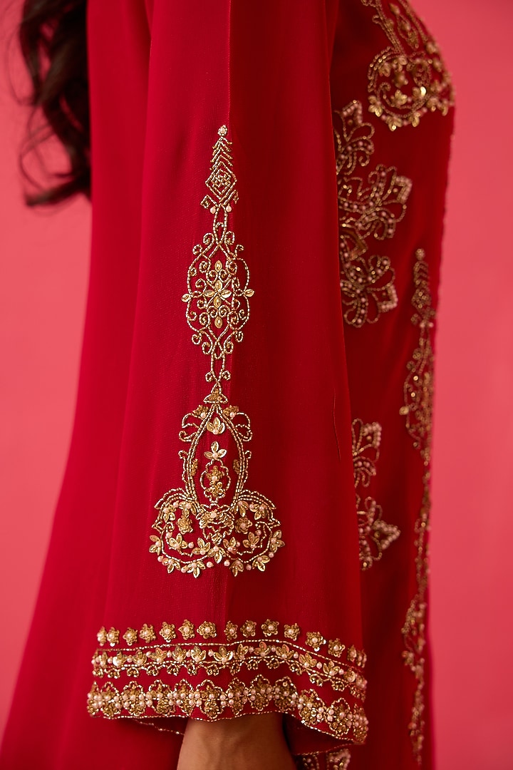 Crimson Red Georgette Pearl Handwork Party Wear Sharara Set by Radha Sharma at Pernia's Pop Up Shop
