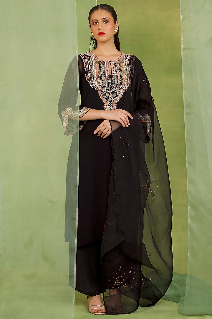 Black Georgette Sequins Embroidered Kurta Set by Radha Sharma at Pernia's Pop Up Shop