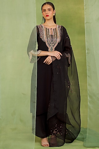 Black Georgette Sequins Embroidered Kurta Set by Radha Sharma
