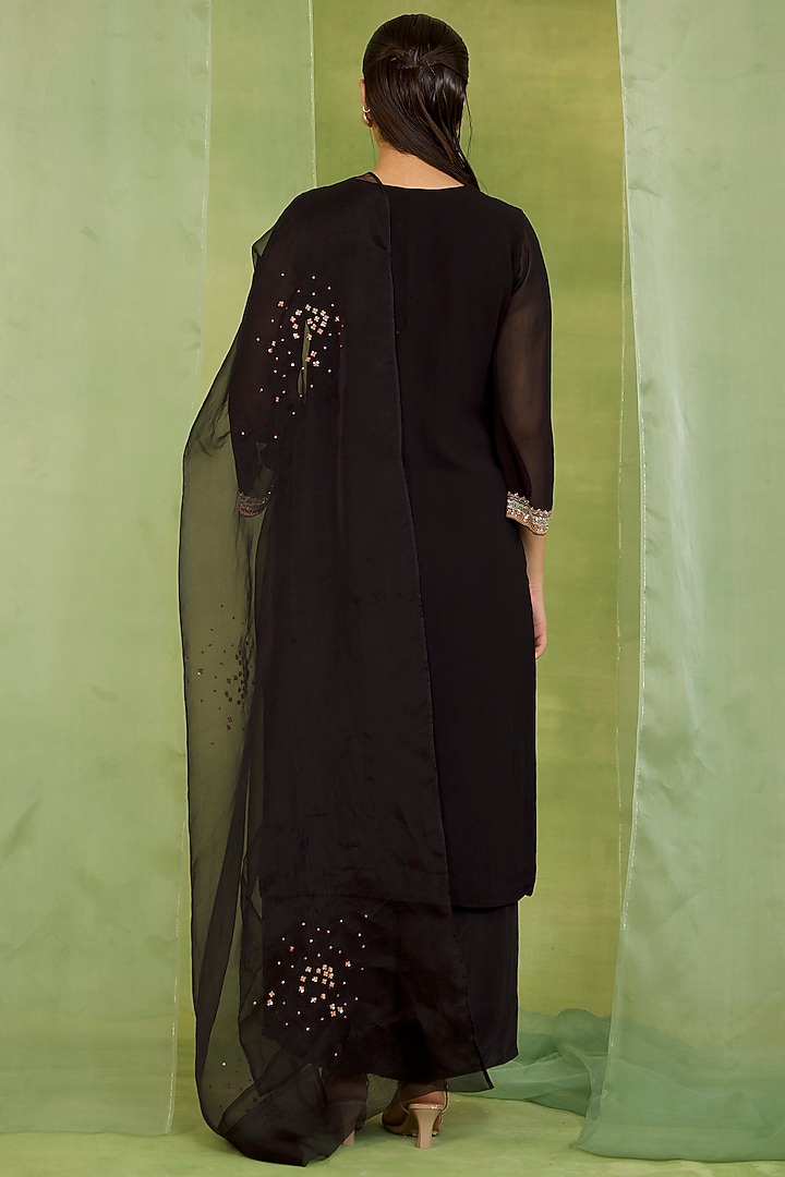 Black Georgette Sequins Embroidered Kurta Set by Radha Sharma at Pernia's Pop Up Shop