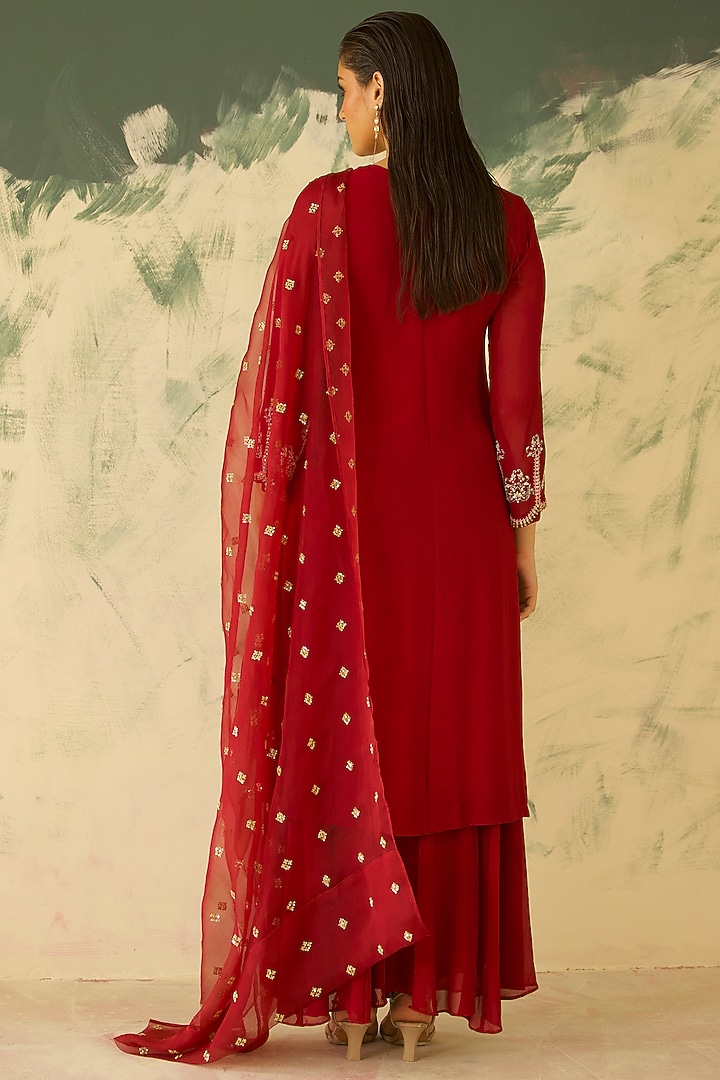 Crimson Red Georgette Hand Embroidered Kurta Set by Radha Sharma at Pernia's Pop Up Shop