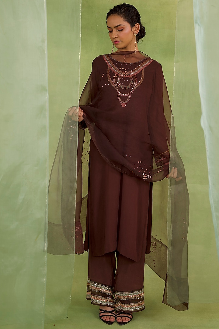Walnut Brown Georgette Hand Embellished Kurta Set by Radha Sharma at Pernia's Pop Up Shop