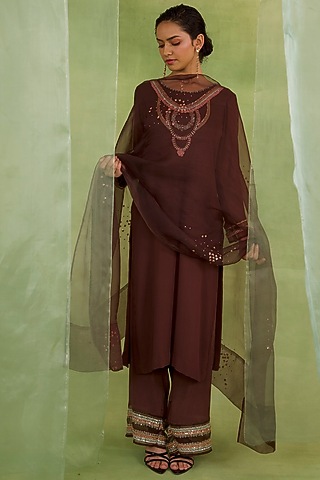 Walnut Brown Georgette Hand Embellished Kurta Set by Radha Sharma