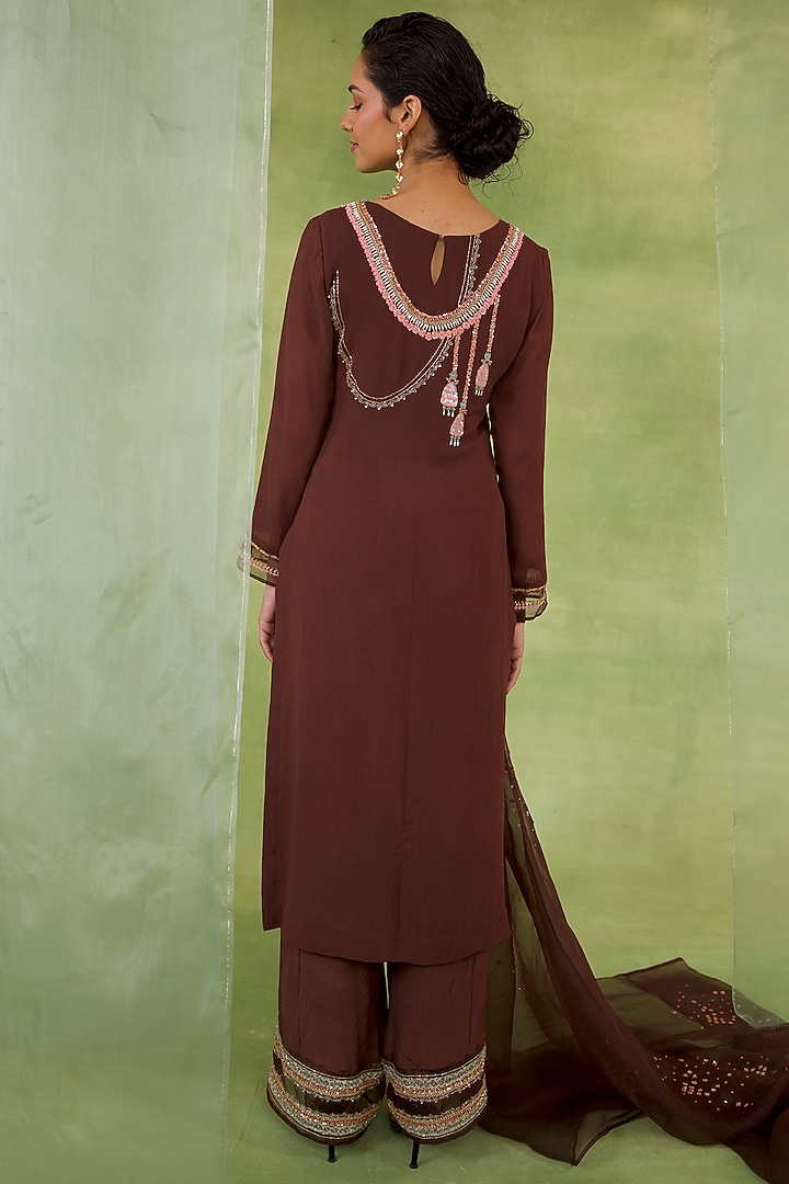 Walnut Brown Georgette Hand Embellished Kurta Set by Radha Sharma at Pernia's Pop Up Shop