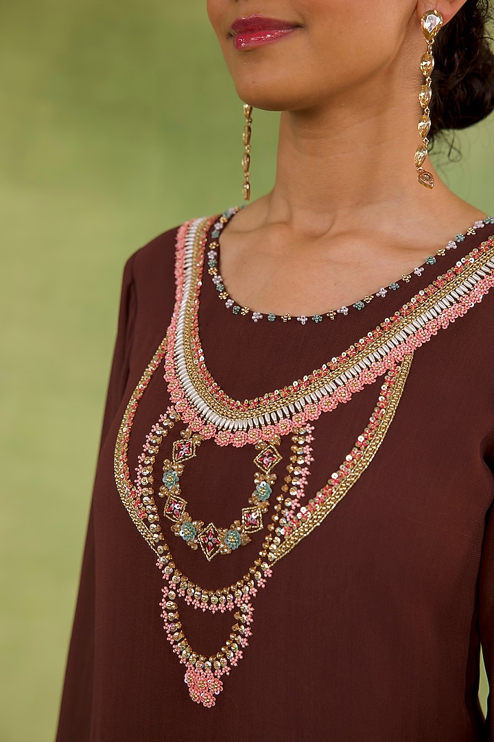 Walnut Brown Georgette Hand Embellished Kurta Set by Radha Sharma at Pernia's Pop Up Shop