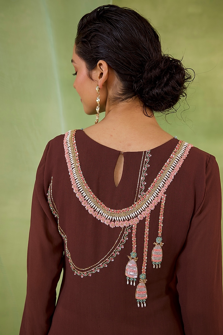 Walnut Brown Georgette Hand Embellished Kurta Set by Radha Sharma at Pernia's Pop Up Shop