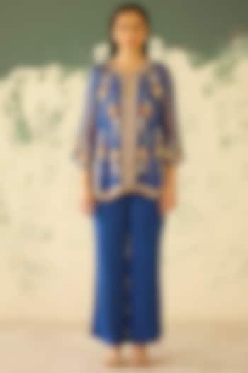 Ocean Blue Organza Hand Embroidered Kurta Set by Radha Sharma at Pernia's Pop Up Shop