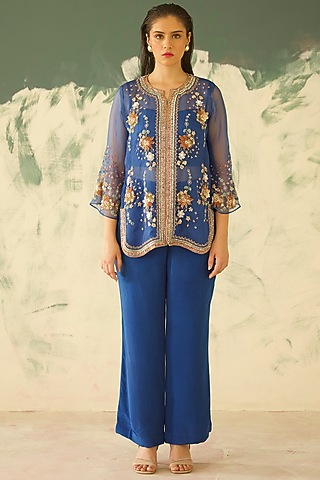 Ocean Blue Organza Hand Embroidered Kurta Set by Radha Sharma