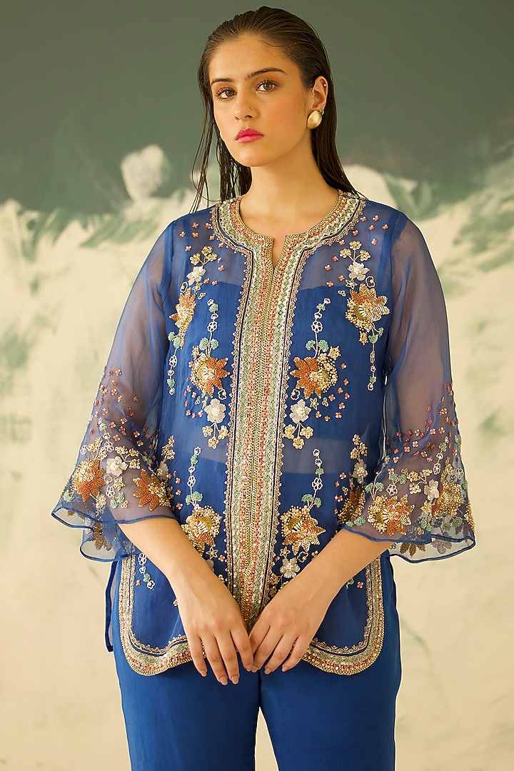 Ocean Blue Organza Hand Embroidered Kurta Set by Radha Sharma at Pernia's Pop Up Shop
