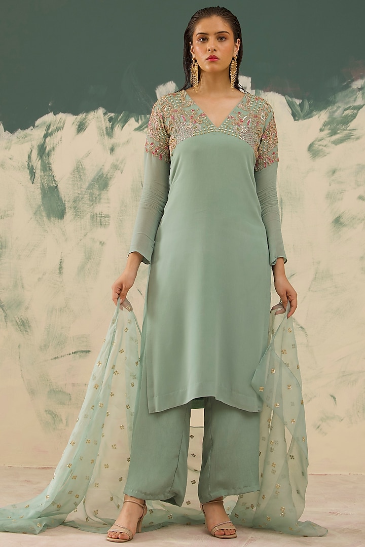 Sea Green Georgette Hand Embroidered Kurta Set by Radha Sharma at Pernia's Pop Up Shop