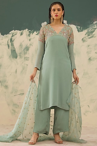 Sea Green Georgette Hand Embroidered Kurta Set by Radha Sharma