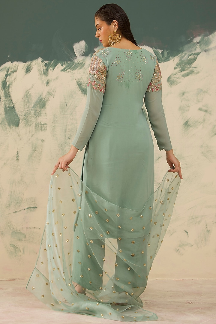 Sea Green Georgette Hand Embroidered Kurta Set by Radha Sharma at Pernia's Pop Up Shop