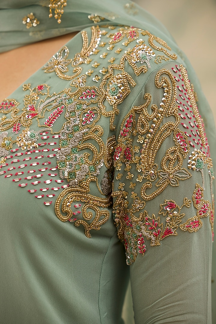 Sea Green Georgette Hand Embroidered Kurta Set by Radha Sharma at Pernia's Pop Up Shop